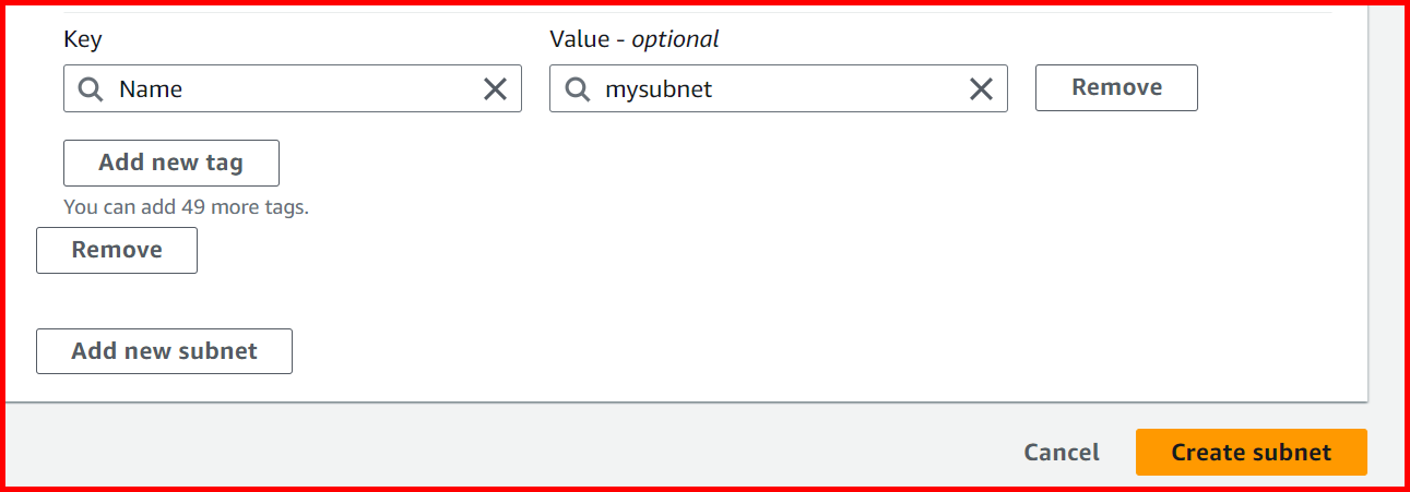 Picture showing the create subnet button for creating the new subnet